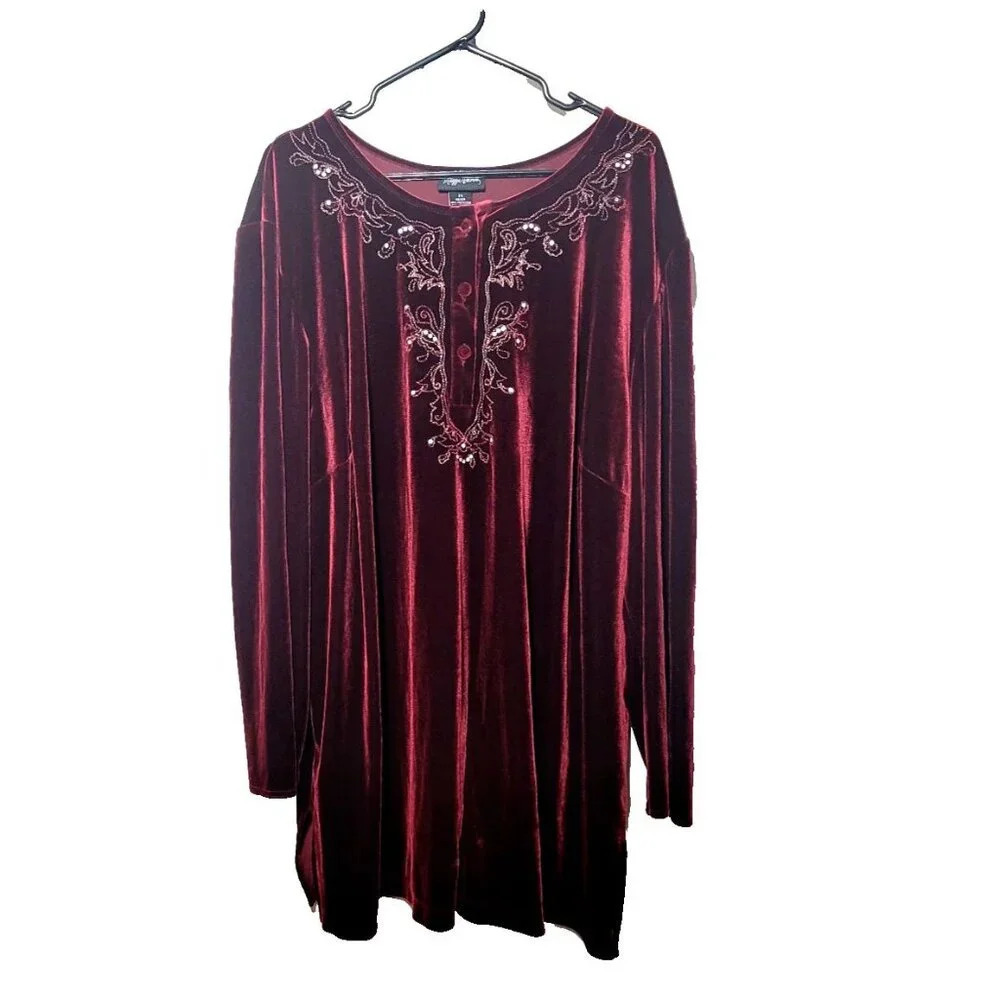 Maggie Barnes Blouse 2X 22/24 Velvet Embroidered Button Stretch Sequin Oxblood